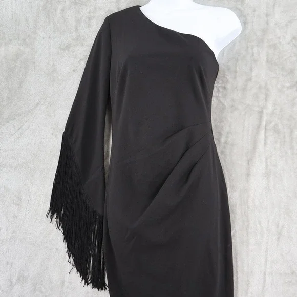 AQUA One Shoulder Fringed Sleeve Sheath Dress Womens 6 Black Formal Holiday NWT - Picture 5 of 16